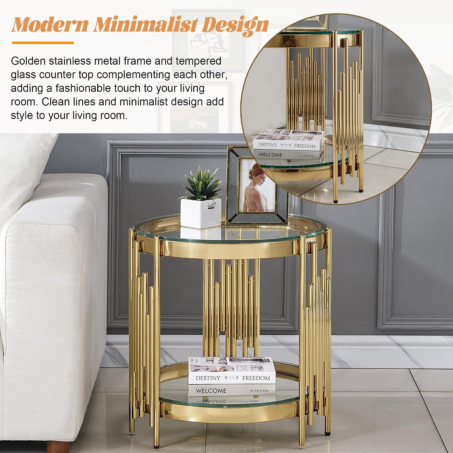 20' Round Glass End Table, 2-Tier Gold Side Table with Stainless Steel Legs and Clear Tempered Glass, Modern Luxury End Table for Living Room Home Office