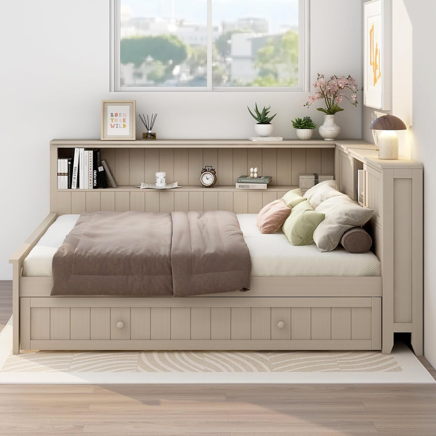 MERITLINE Full Size L-Shaped Daybed with Storage Shelf and Trundle, Wood Corner Bed with Headboard for Bedroom Living Room, Space Saving, Antique White Milk