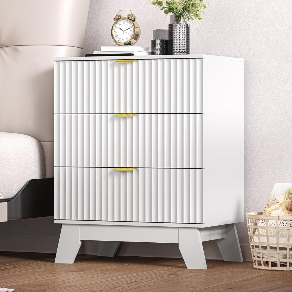 Nightstand with 3 Large Drawers,24' Wide End Table with Curved Metal Handles,Fluted Wood Small Dresser,Bedside Table,Modern Chest of Drawers for Bedroom,Living Room, White