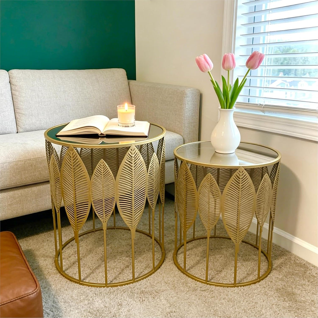 Homebeez Gold Nesting Tables Set of 2, Glam Leaf Design Round End Table with Stainless Steel Top for Living Room & Bedroom, No Assembly Required