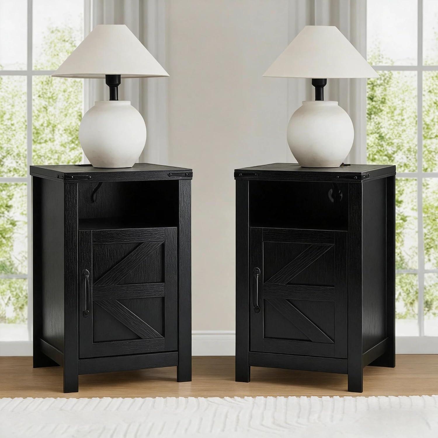 Farmhouse Nightstand Set of 2, Bedside Table with Charging Station, Night Stand with Barn Door, Black End Table Sofa Side, Nightstand Storage for Bedroom Living Room, Black
