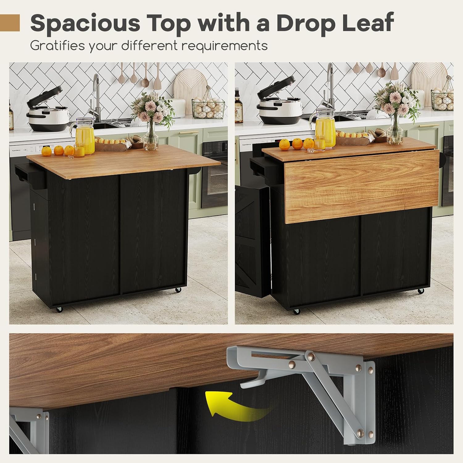 Rolling Kitchen Island with Trash Can Storage Cabinet, Drop Leaf Breakfast Bar Table, Towel Holder, 2 Drawers & Door Racks, 4 Rubber Wheels, Wood Island Table for Kitchen (Black)