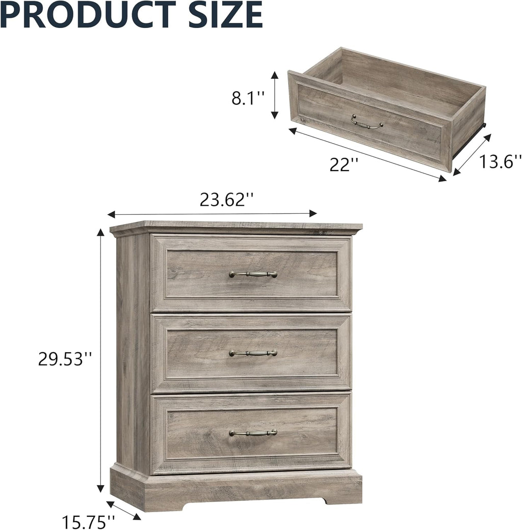 Nightstand Set of 2,24' Wide End Table with 3 Large Drawers & Metal Handles,Rustic Farmhouse Wood Small Dresser,Bedside Table,Modern Chest of Drawers for Bedroom,Living Room,Grey