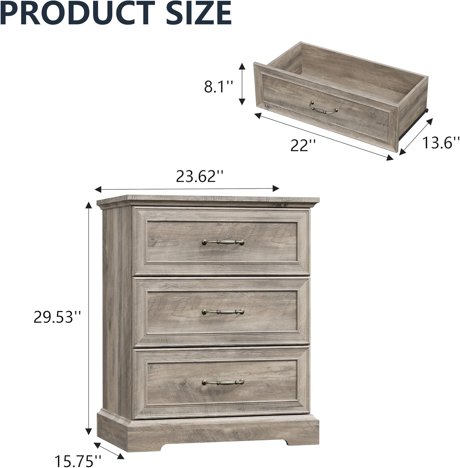 Nightstand Set of 2,24' Wide End Table with 3 Large Drawers & Metal Handles,Rustic Farmhouse Wood Small Dresser,Bedside Table,Modern Chest of Drawers for Bedroom,Living Room,Grey