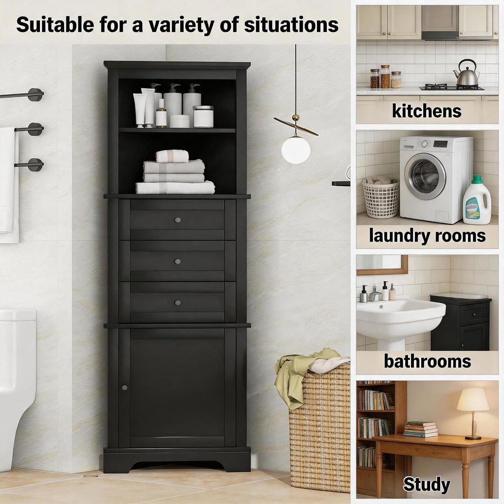 Corner Storage Cabinet with Adjustable Shelves, 68.9 in Tall | MDF, painted finish, adjustable shelves, corner fit, enclosed storage, bathroom, kitchen, 23 W x 13.4 D x 68.9 H in