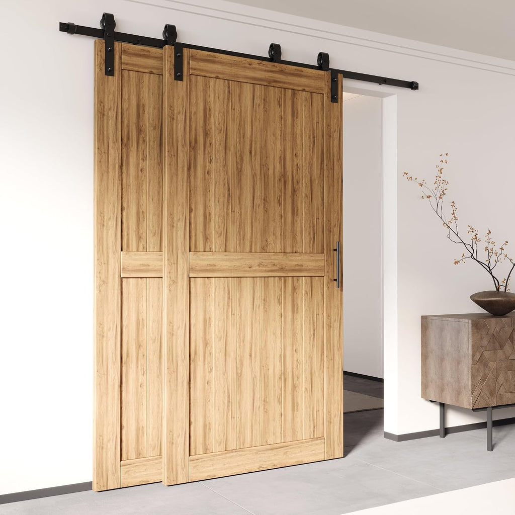 Homacer Black Rustic Single Track Bypass Sliding Barn Door Hardware Kit, for Two/Double Doors, 4ft Long Flat Track, Classic Design Roller,