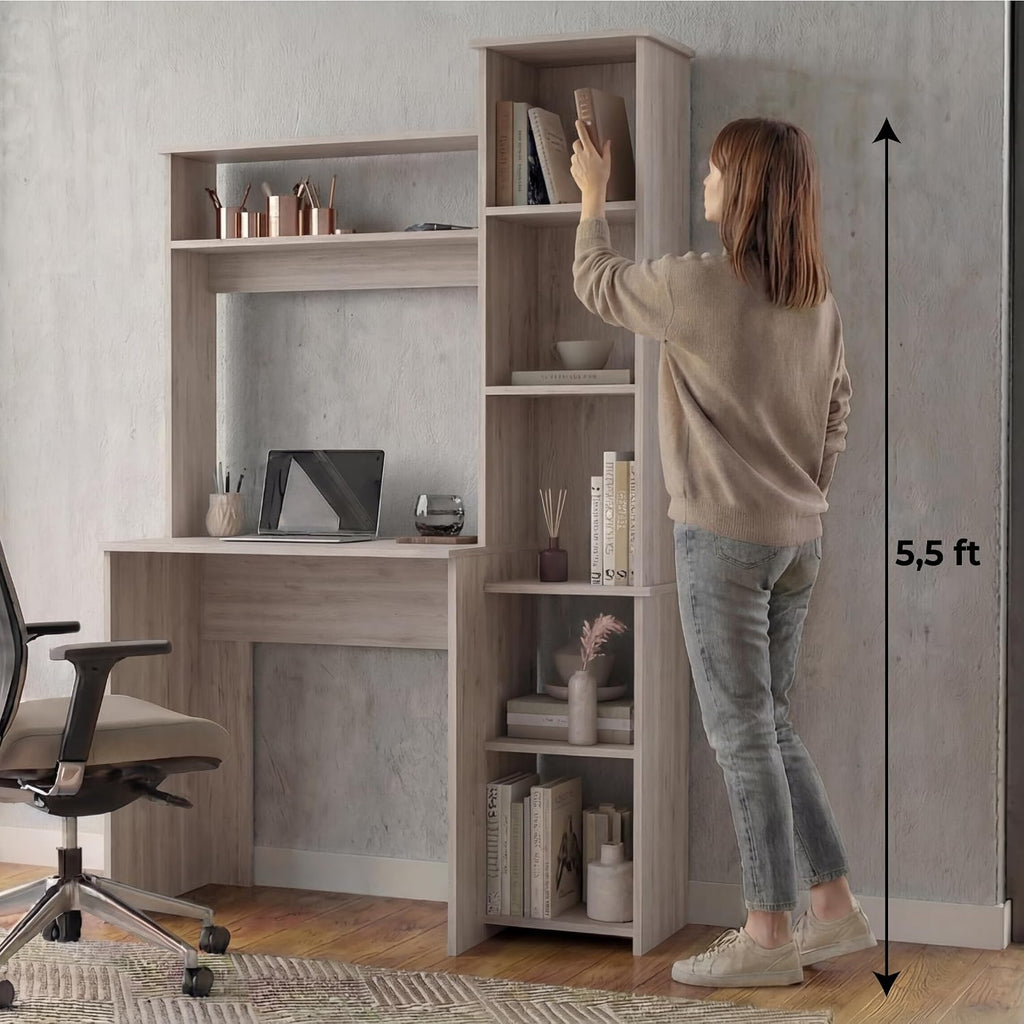 Tuhome Versalles Writing Desk with Two Superior Shelves, Five Side Open Storage Compartments, Space-Saving Modern Workstation Design for Studios and Offices, Ideal for Organization