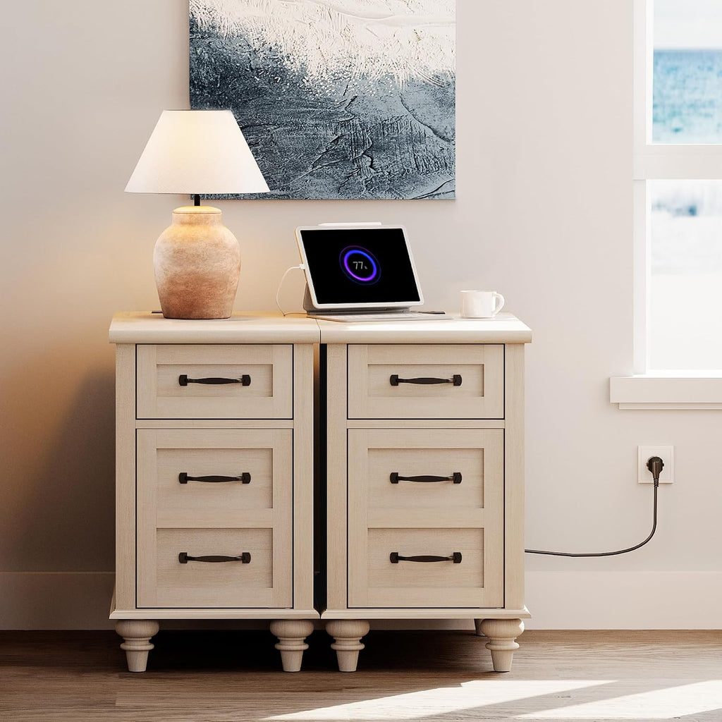 WAMPAT Set of 2 End Tables with Charging Station, Beige Tall Side Table with Storage Cabinet & Drawer, Wooden Nightstands with Power Outlets & USB Ports for Bedroom, Living Room