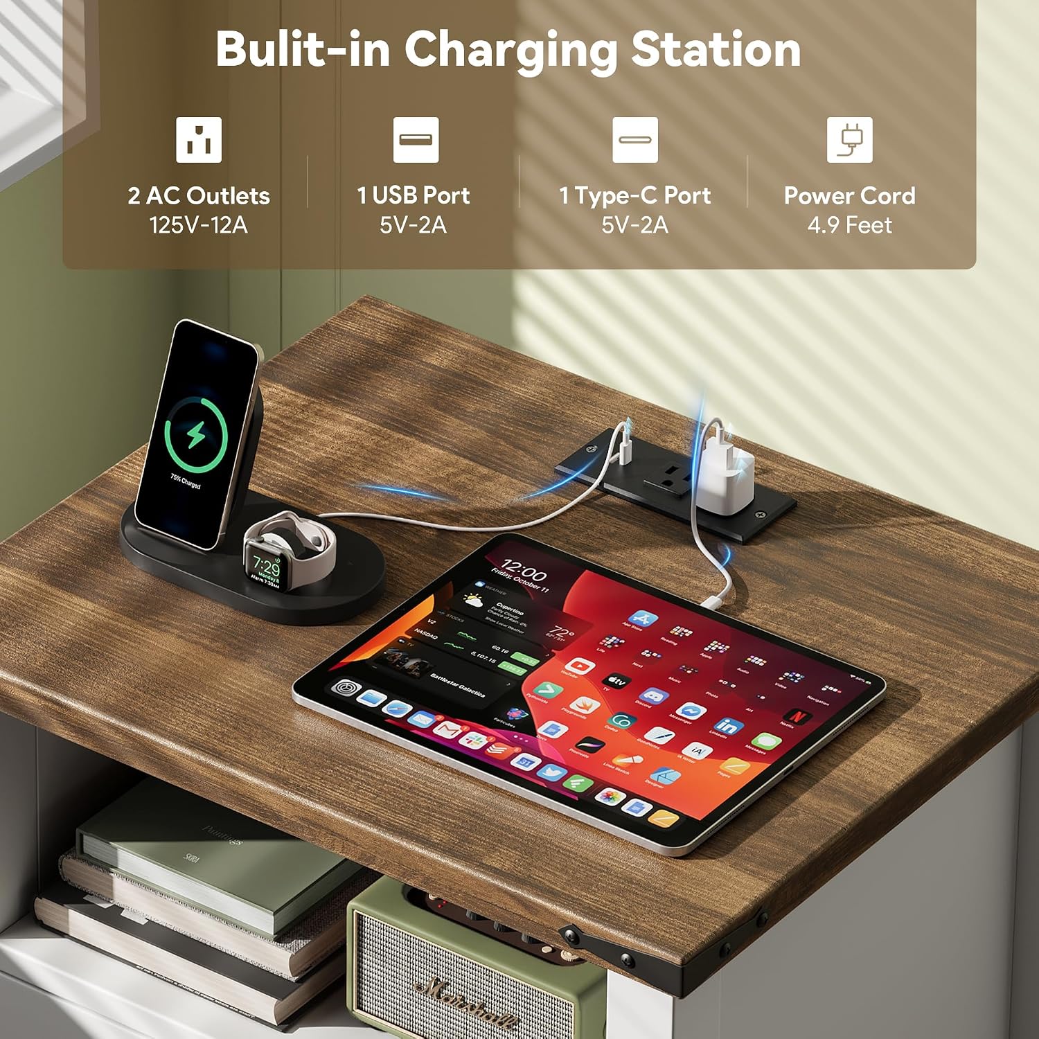 Decofy Farmhouse Nightstand Set of 2 with Charging Station, 18'' Wide Rustic End Table with USB/Type-C Ports, 2 Drawers & Open Shelf, Wood Bedside Table for Bedroom, White