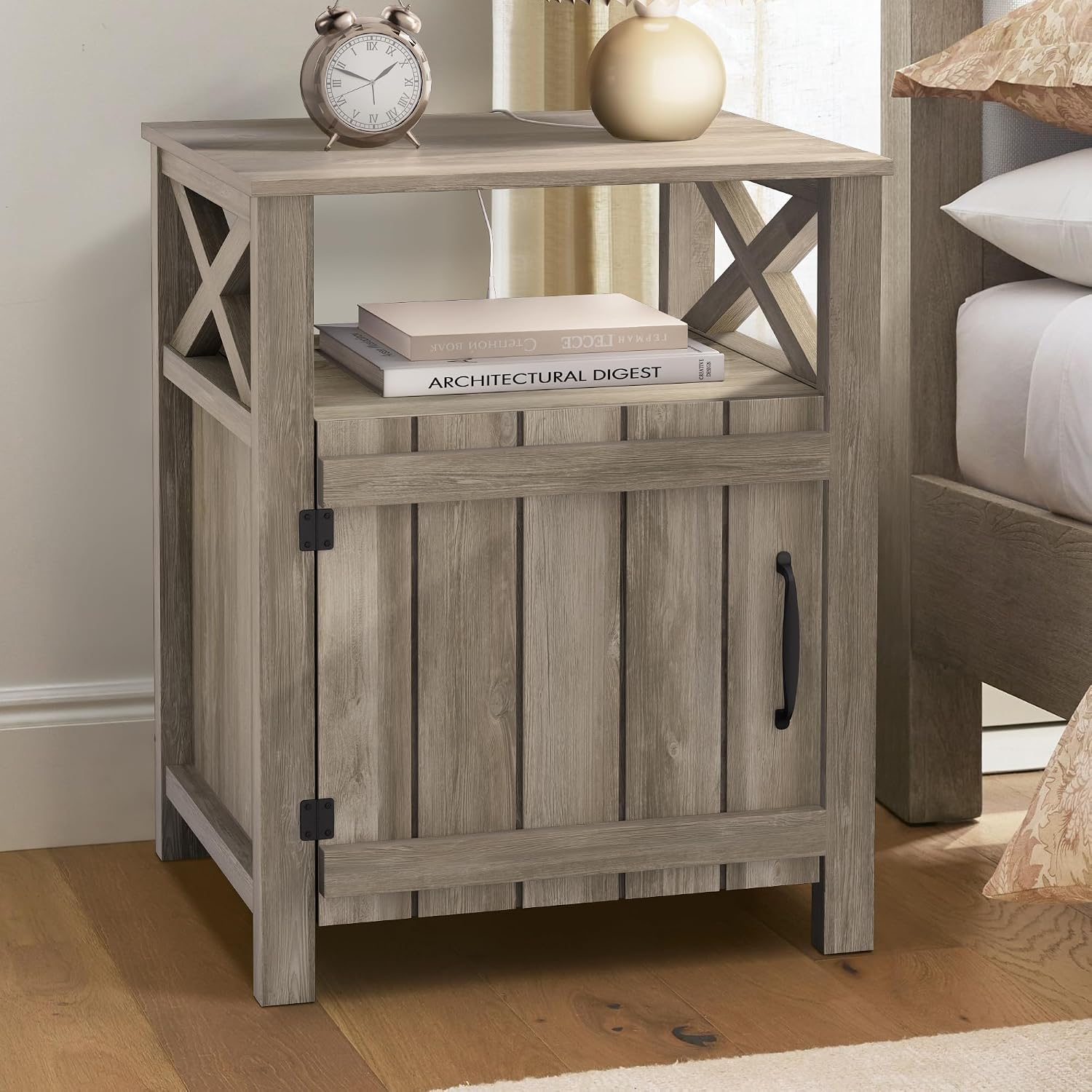 Farmhouse Nightstand Set of 2 with Charging Station, Gray, Side Table, End Table with Barn Door & Shelf, Rustic, for Bedroom, Living Room