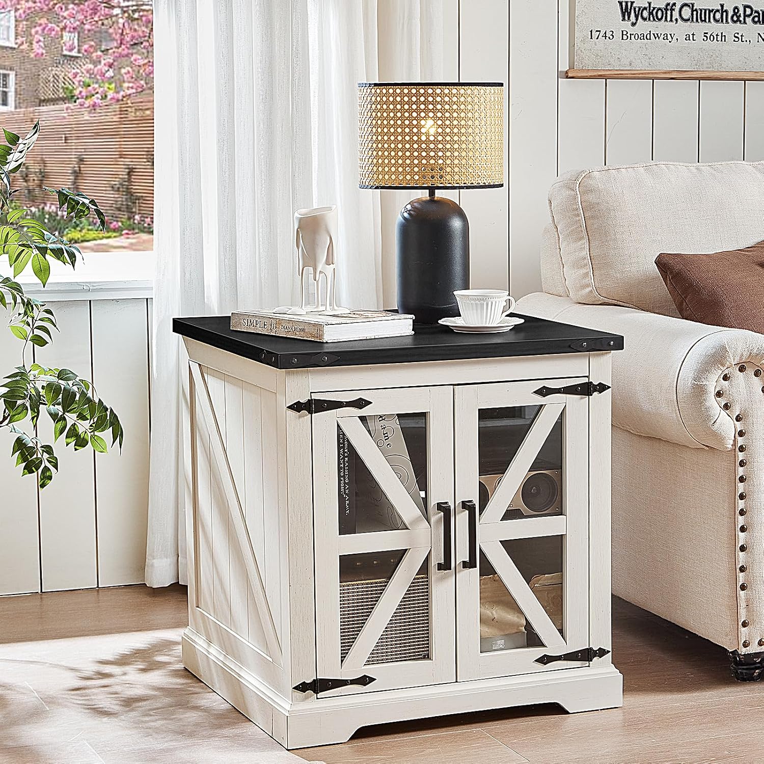Joaxswe Farmhouse End Tables Living Room Set of 2 with Charger Station, 18'' Small Night Stand and 24' Large Side Table with Glass Barn Door Storage, Wood Nightstand Bedside Tables for Bedroom Office