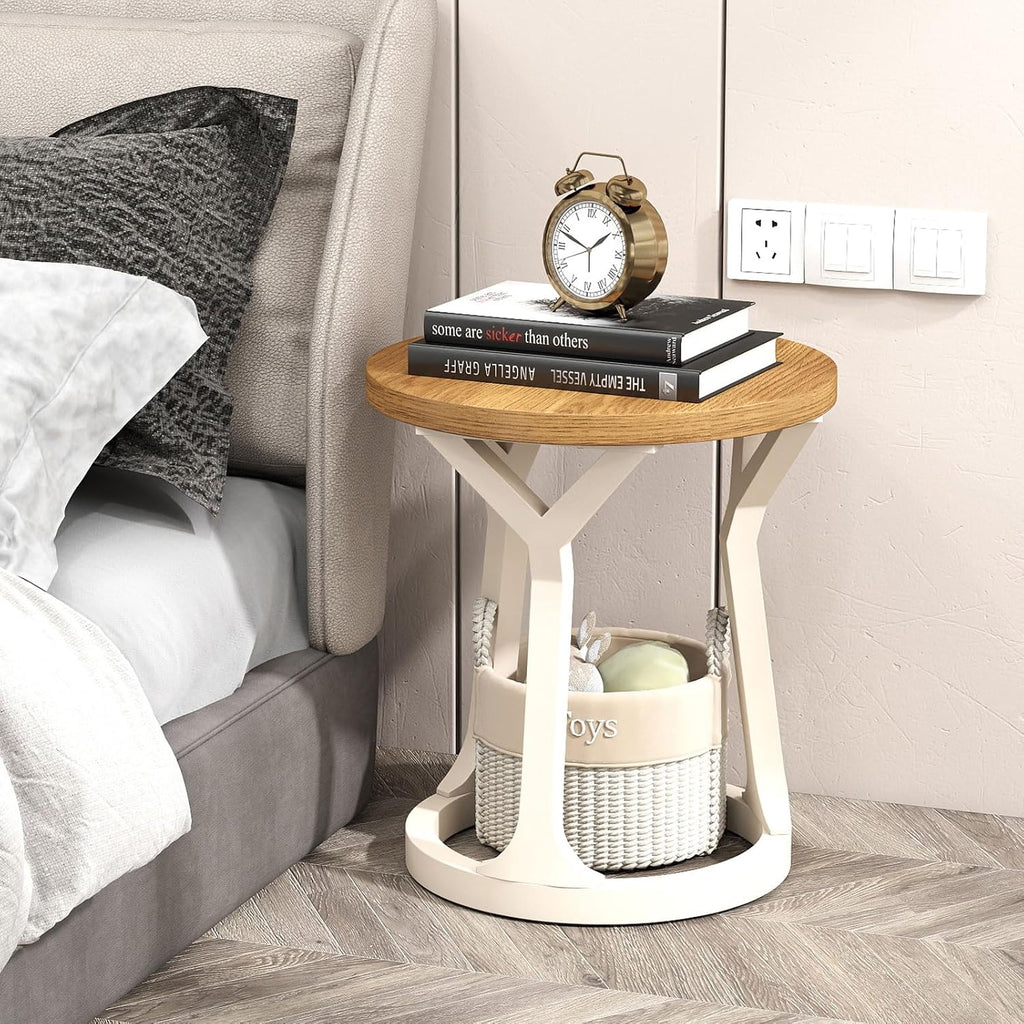 2PCS Round End Table Living Room, Set of 2 Rustic Side Table, 22' H Nightstand with Thick Top, Accent Tables for Bedroom Living Room Entryway, Natural & White