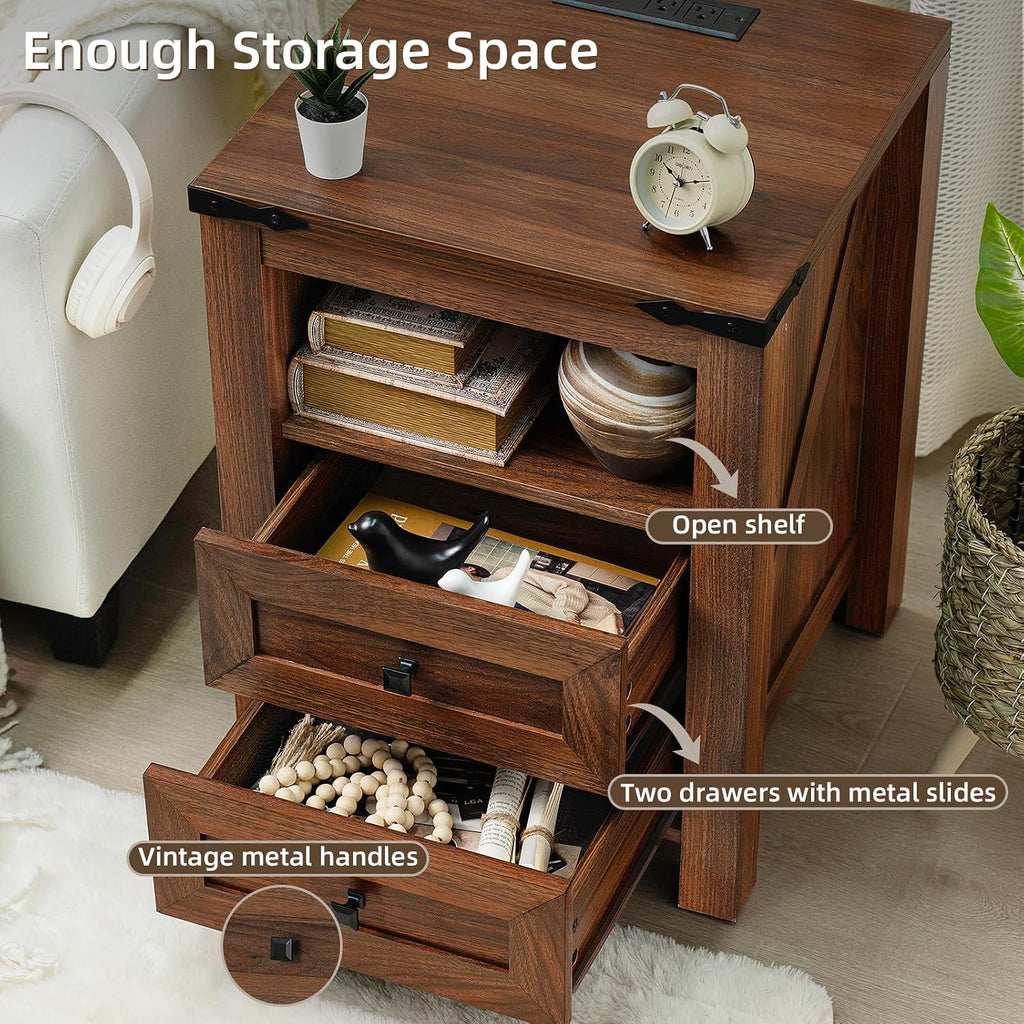 Joaxswe Nightstands Set of 2 with Charging Station, Farmhouse Side End Table with 2 Drawers and Open Shelf, Wood Rustic Sofa Table, Bedside Cabinet for Bedroom, Living Room, Closet, Office(Brown)