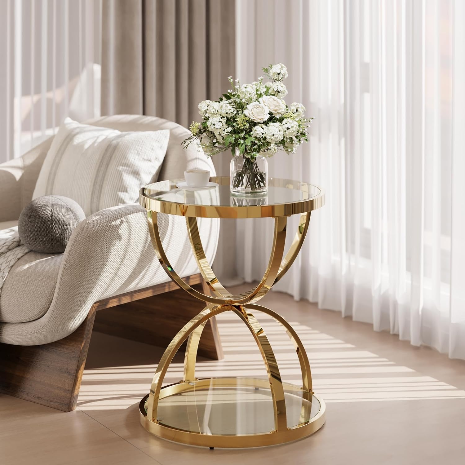 JIJIWANG 2 Tier Round Glass Side Table with Metal Frame and Clear Tempered Glass, 24.02' H Ring-Shaped Coffee Table for Living Room, Bedroom and Office, Gold