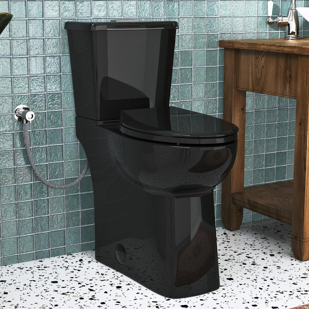 Black 21 Inch High Toilet, Los Flexi Skirted Glossy Black Two-Piece Toilet with 1.1/1.28 Dual Flush System For Seniors & Tall Height Users, Comfort Elongated Bowl, Soft-Close Seat 12' Rough-In