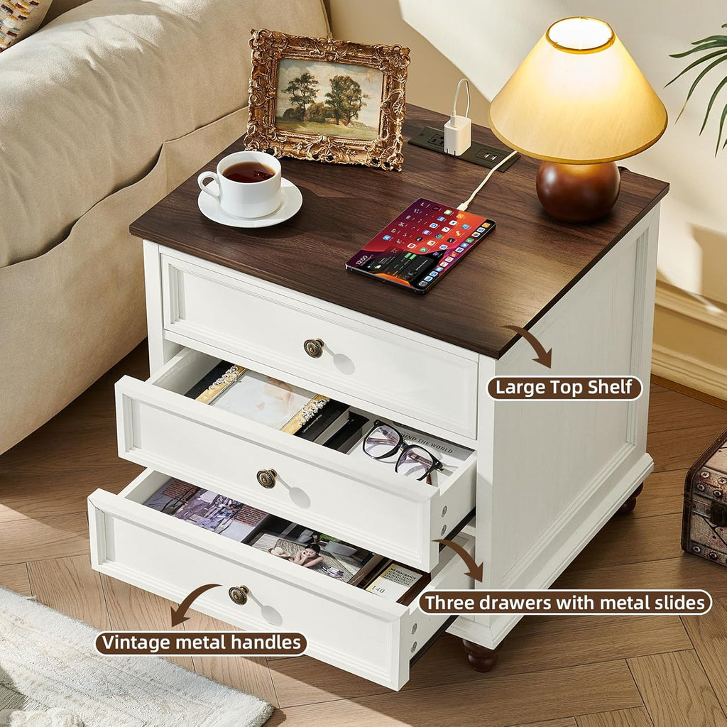 Joaxswe Farmhouse Nightstand Set of 2 with Charging Station, 24' Wide End Table with 3 Drawers,Dresser for Bedroom,Bed Side Table Chest of Drawers Cabinet,Wood White Night Stand for Living Room
