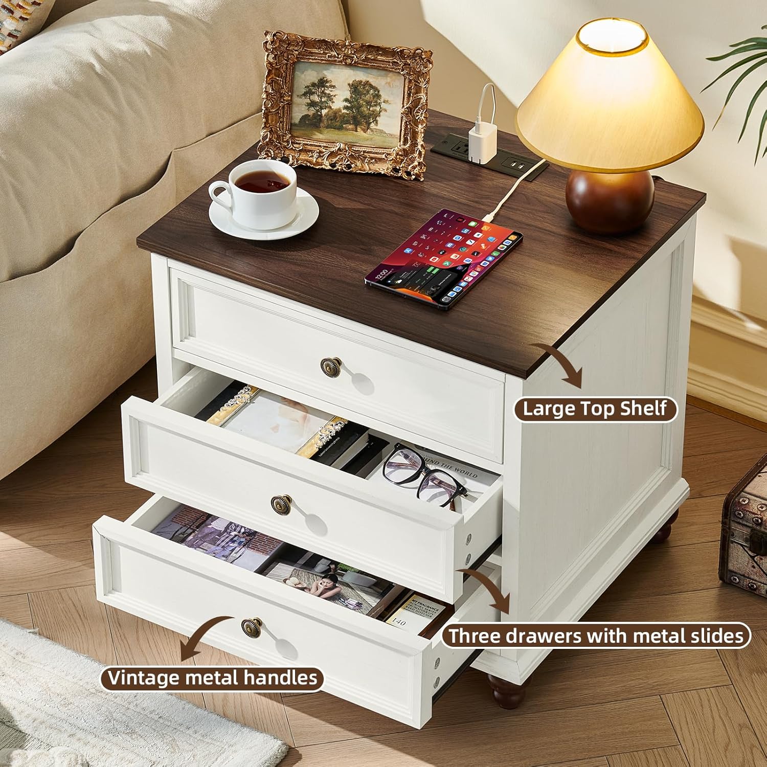 Joaxswe Farmhouse Nightstand Set of 2 with Charging Station, 24' Wide End Table with 3 Drawers,Dresser for Bedroom,Bed Side Table Chest of Drawers Cabinet,Wood White Night Stand for Living Room