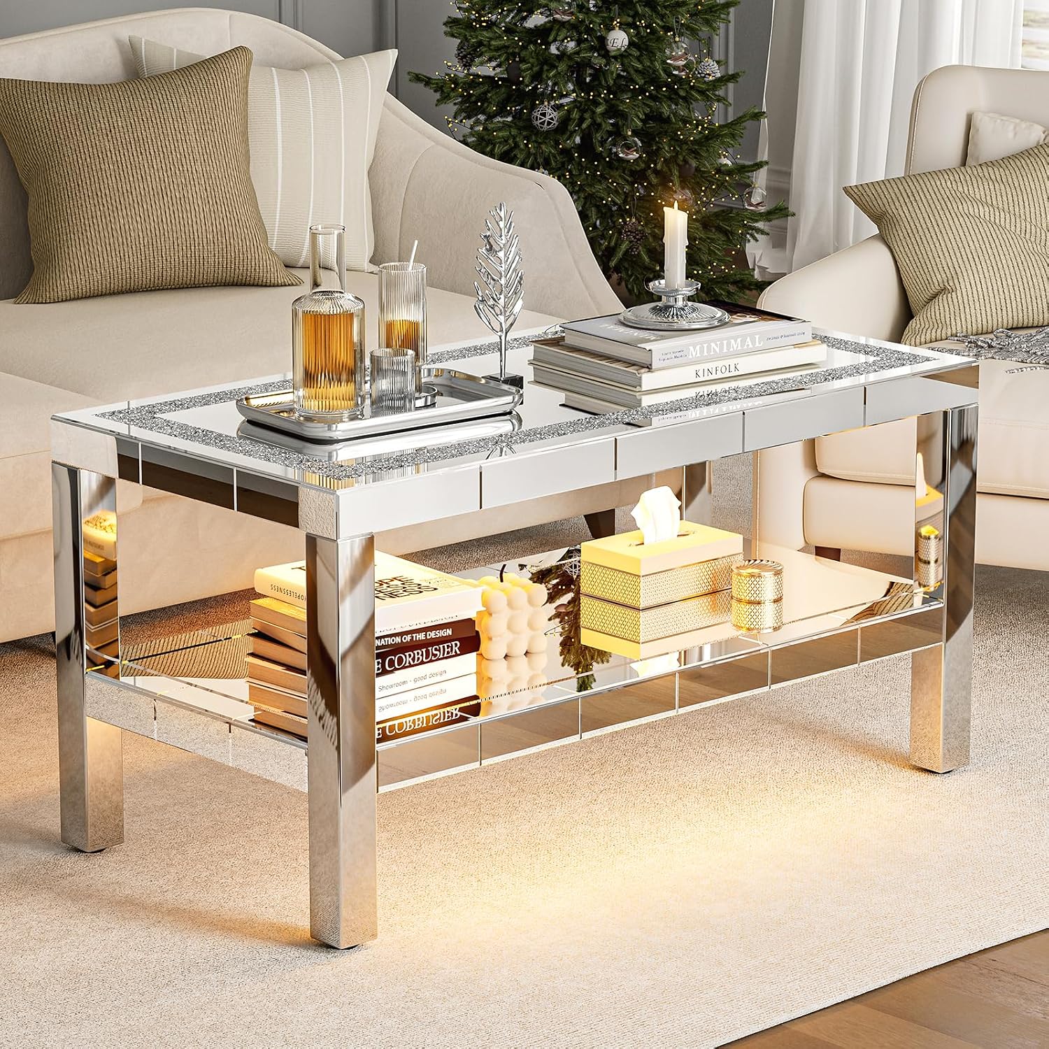 IKIFLY Mirrored 2 Tiers Coffee Table with LED, Rectangle Mirrored Coffee Table with Crushed Diamond and Stainless Steel Legs, Silver Living Room Table