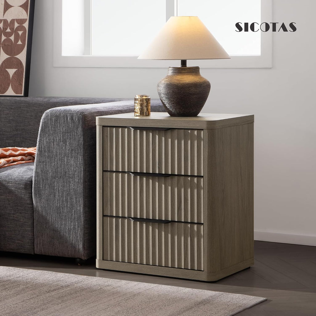 SICOTAS Night Stand Set of 2 Nightstands with 3 Drawers Storage Bedside Table Large Fluted Bed Side End Table Modern 25.6' Tall Wide Night Stands for Bedroom Living Room Sofa Couch Office, Grey Alder