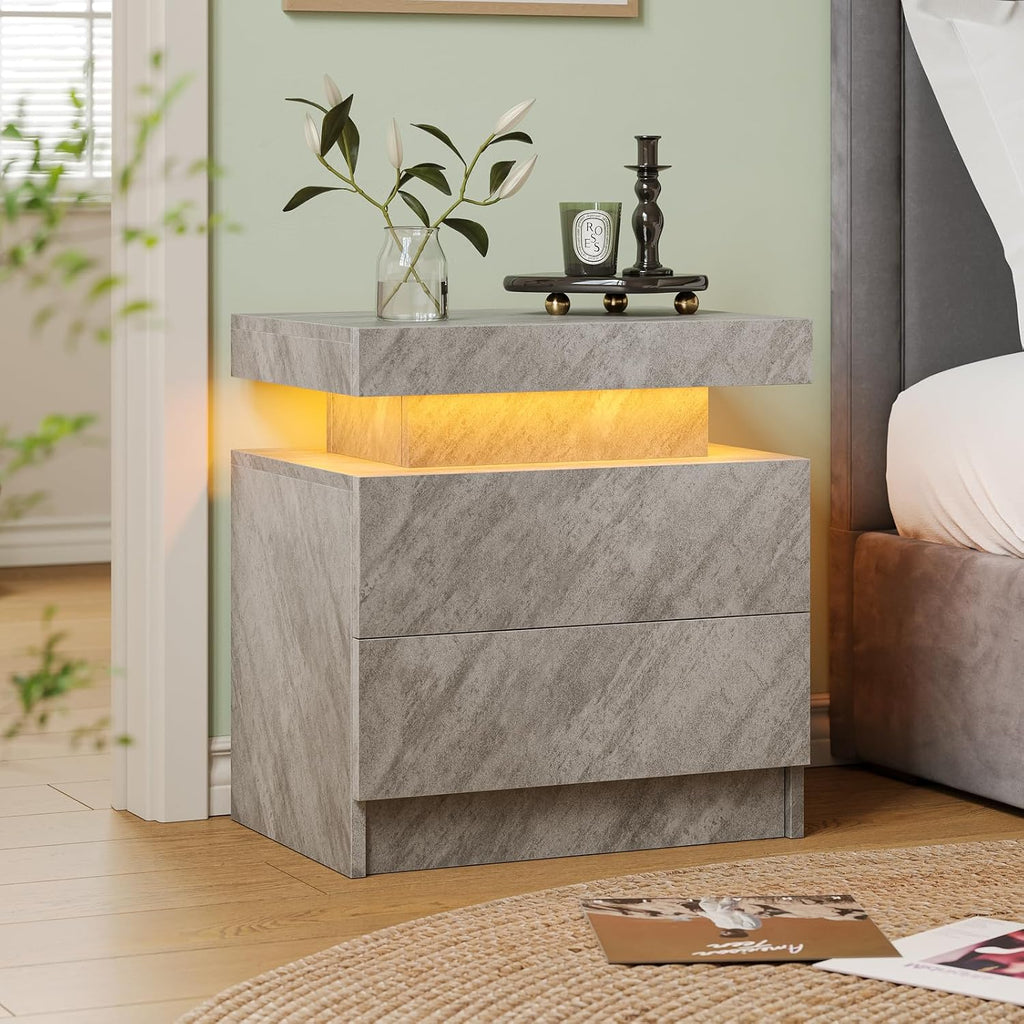 Cubehom Nightstands Set of 2, Bedside Tables with LED Lights, Night Stands with 2 Wood Drawers, End Tables Set of 2 for Living Room/Bedroom
