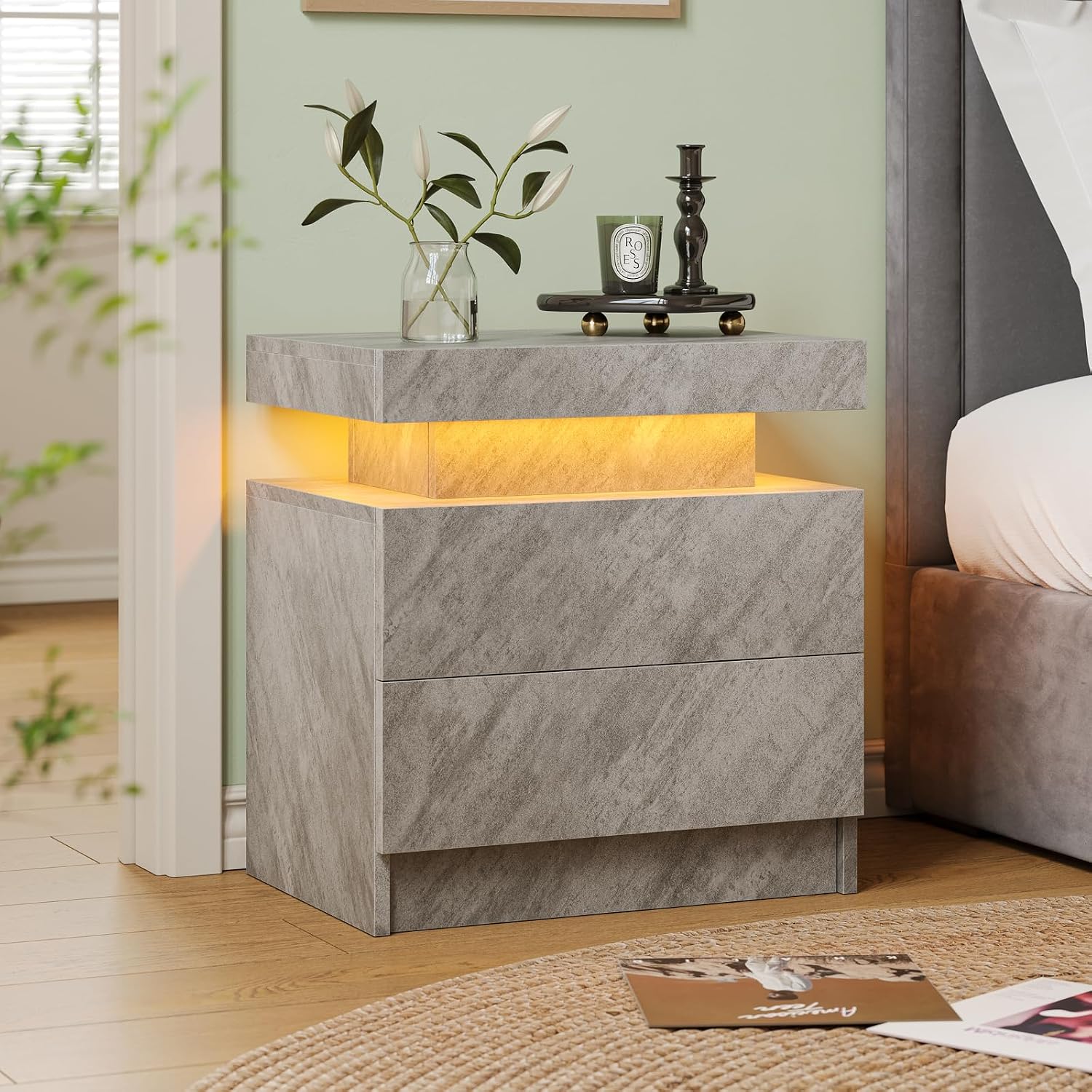 Cubehom Nightstands Set of 2, Bedside Tables with LED Lights, Night Stands with 2 Wood Drawers, End Tables Set of 2 for Living Room/Bedroom