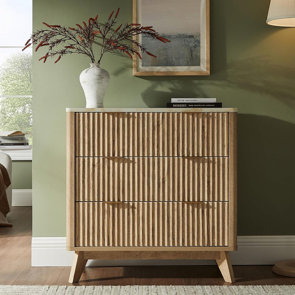 T4TREAM Fluted 3 Drawers Nightstand, Oversized Extra Large Modern Side Table with Faux Marble Top, End Table Bedside for Bedroom, Living Room, Curved Profile Design, Natural Oak | Fluted