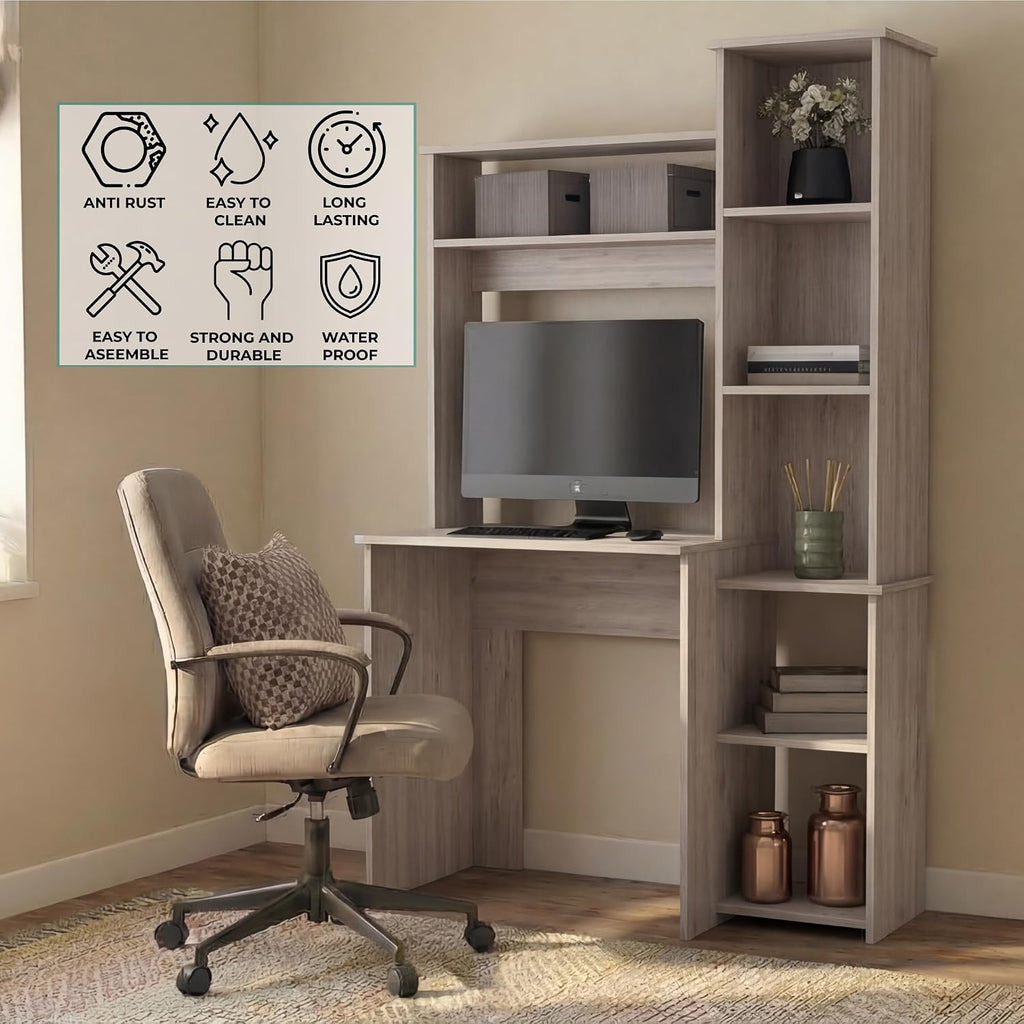 Tuhome Versalles Writing Desk with Two Superior Shelves, Five Side Open Storage Compartments, Space-Saving Modern Workstation Design for Studios and Offices, Ideal for Organization