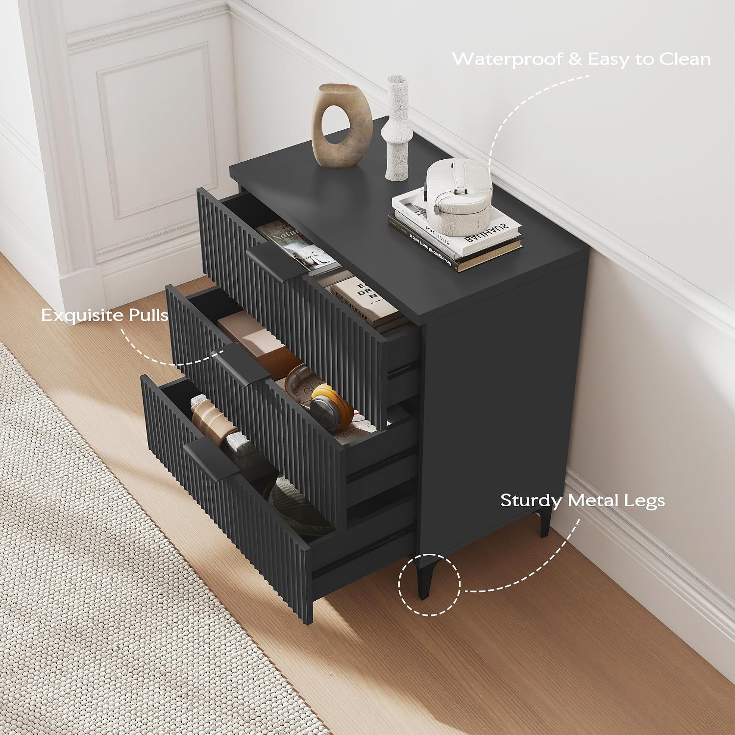 25.6' W Black Fluted Nightstand with 3 Drawer, Modern Wood Night Stands Bedside Table for Bedroom King/Queen Bed, End Table with Robot-Friendly Legs for Living Room,Entry