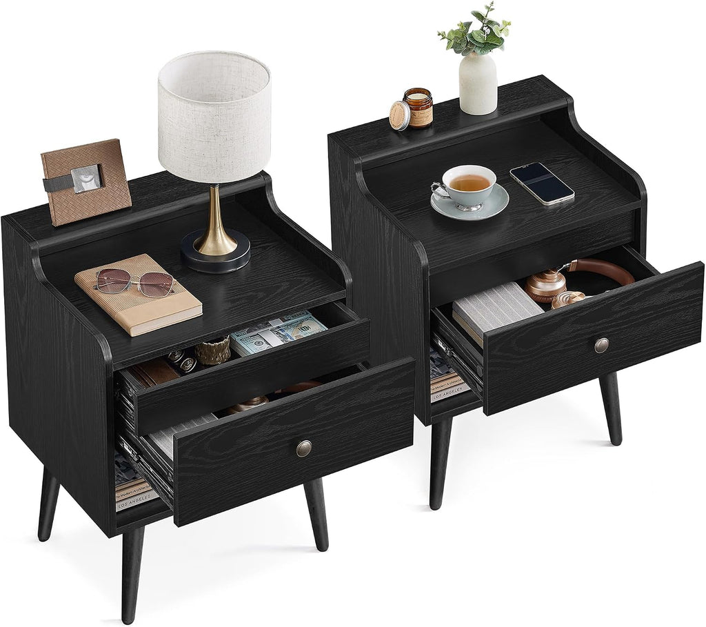 VASAGLE Nightstands, Set of 2, Bedside Tables with Hidden Drawers, Mid-Century End Side Tables with Solid Wood Legs, for Bedroom, Ebony Black ULET624B01