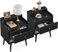 VASAGLE Nightstands, Set of 2, Bedside Tables with Hidden Drawers, Mid-Century End Side Tables with Solid Wood Legs, for Bedroom, Ebony Black ULET624B01