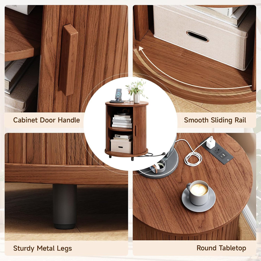 ONBRILL Round End Table Set of 2 with Charging Station, Mid Century Bedside Table with Sliding Door & 2 Tier Storage, Modern Nightstands Set of 2 for Living Room, Bedroom, Entryway, Walnut