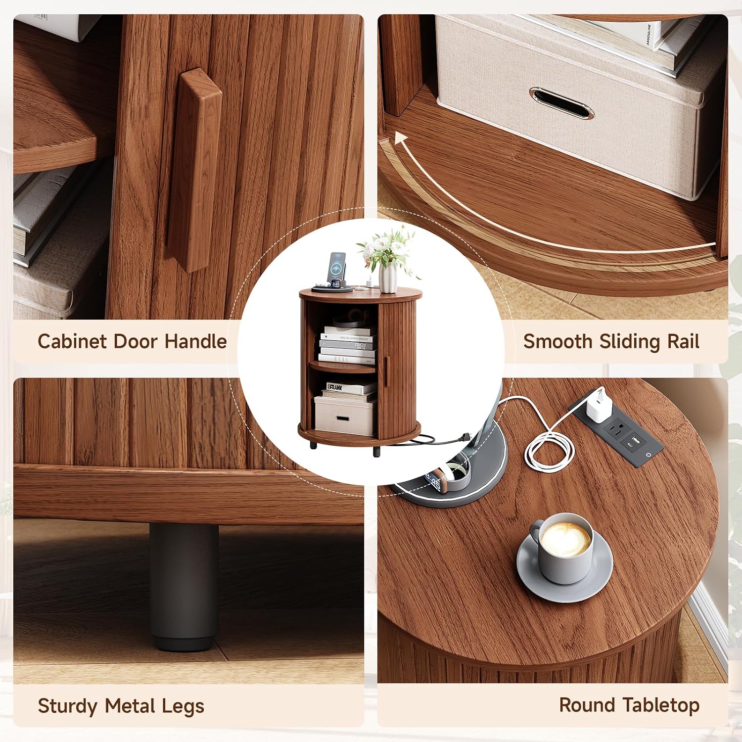 ONBRILL Round End Table Set of 2 with Charging Station, Mid Century Bedside Table with Sliding Door & 2 Tier Storage, Modern Nightstands Set of 2 for Living Room, Bedroom, Entryway, Walnut