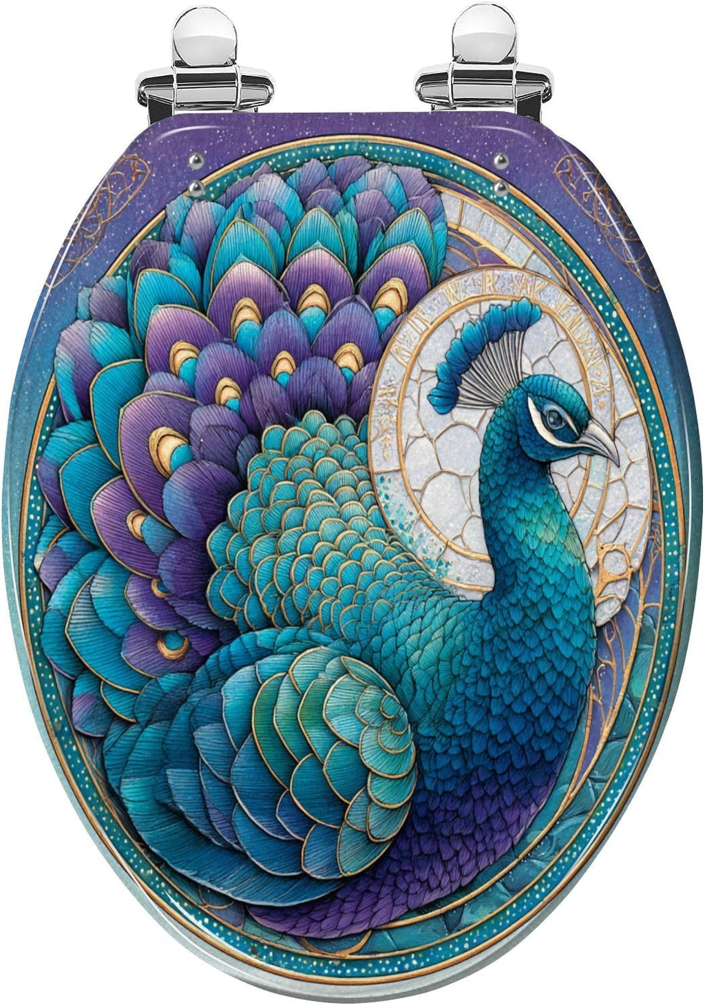 Elongated Toilet Seat Intricate Stained Glass Window Emerald Teal Design Resin Toilet Seat Slow Quiet Close Lid with Quick-Release Hinges Cover Bumpers Easy to Clean Install
