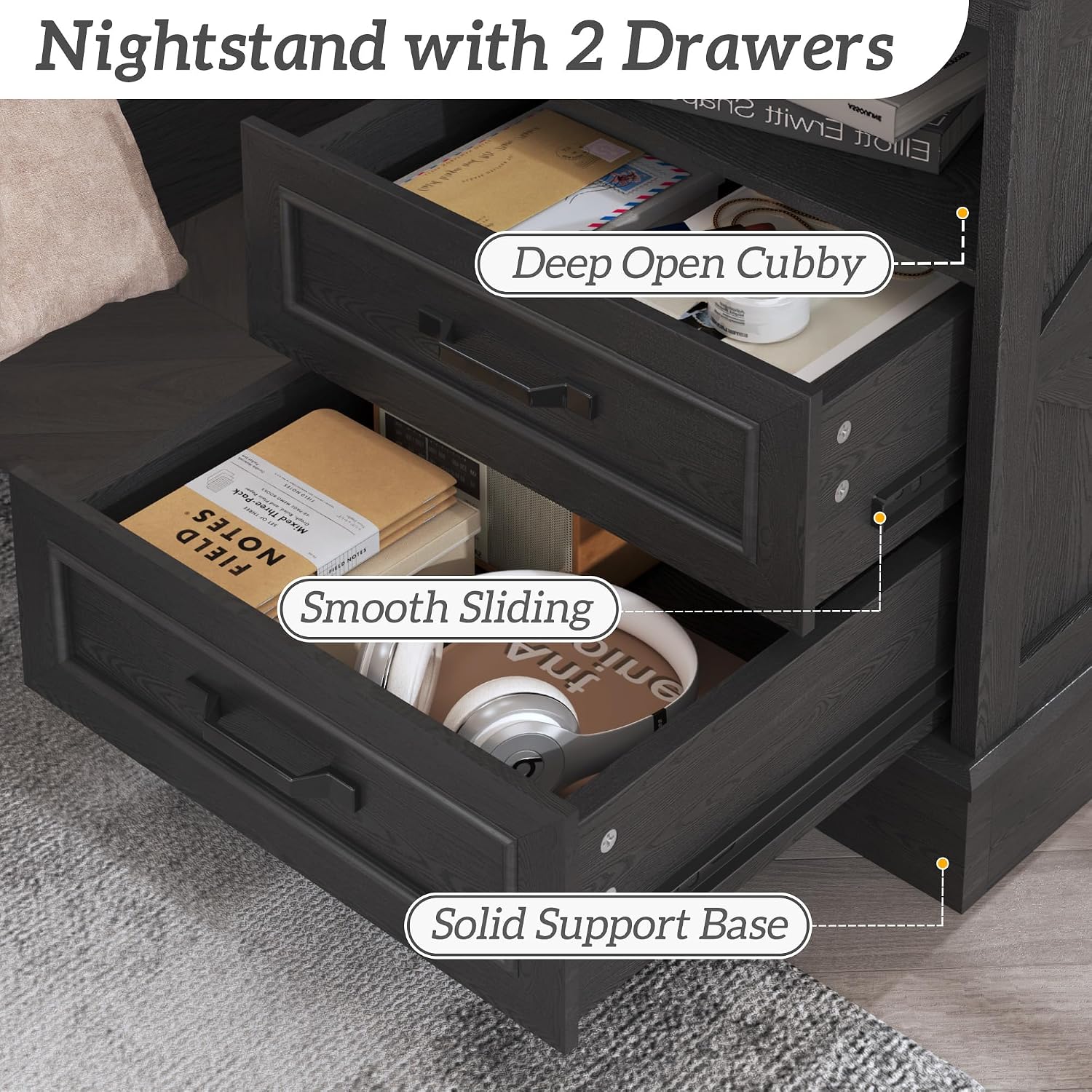 Fluest 24' Tall Farmhouse Nightstands Set of 2, Night Stands with Fast Charging Station, Beside Tables with Drawers and Open Storage, Rustic End Tables for Bedroom, Antique Black