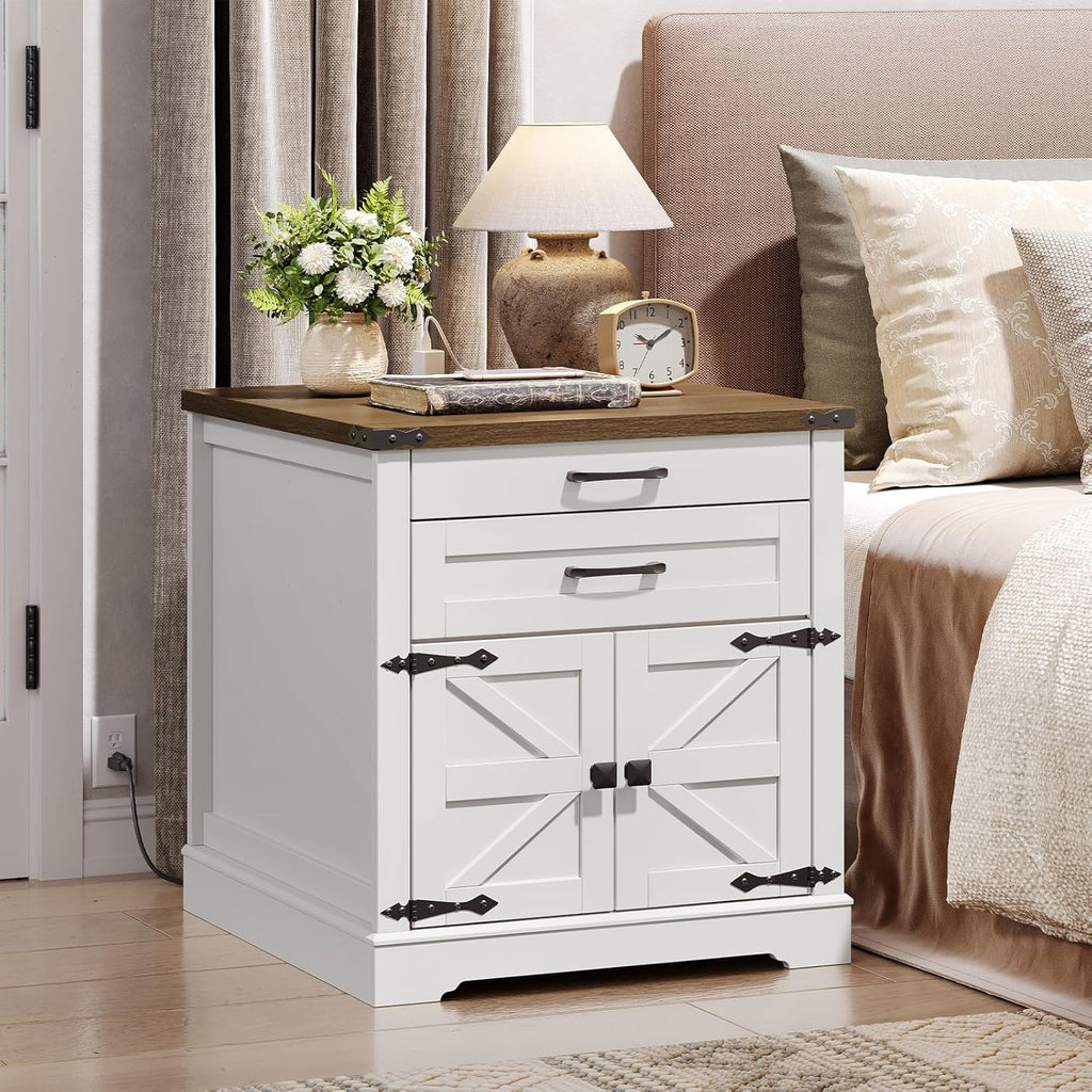 RALGEND Farmhouse End Table with Charging Station, 24'' Sofa Side Table with 2 Drawers and Barn Door, Large Rustic Wooden Square Nightstand for Bedroom, Living Room, White and Walnut