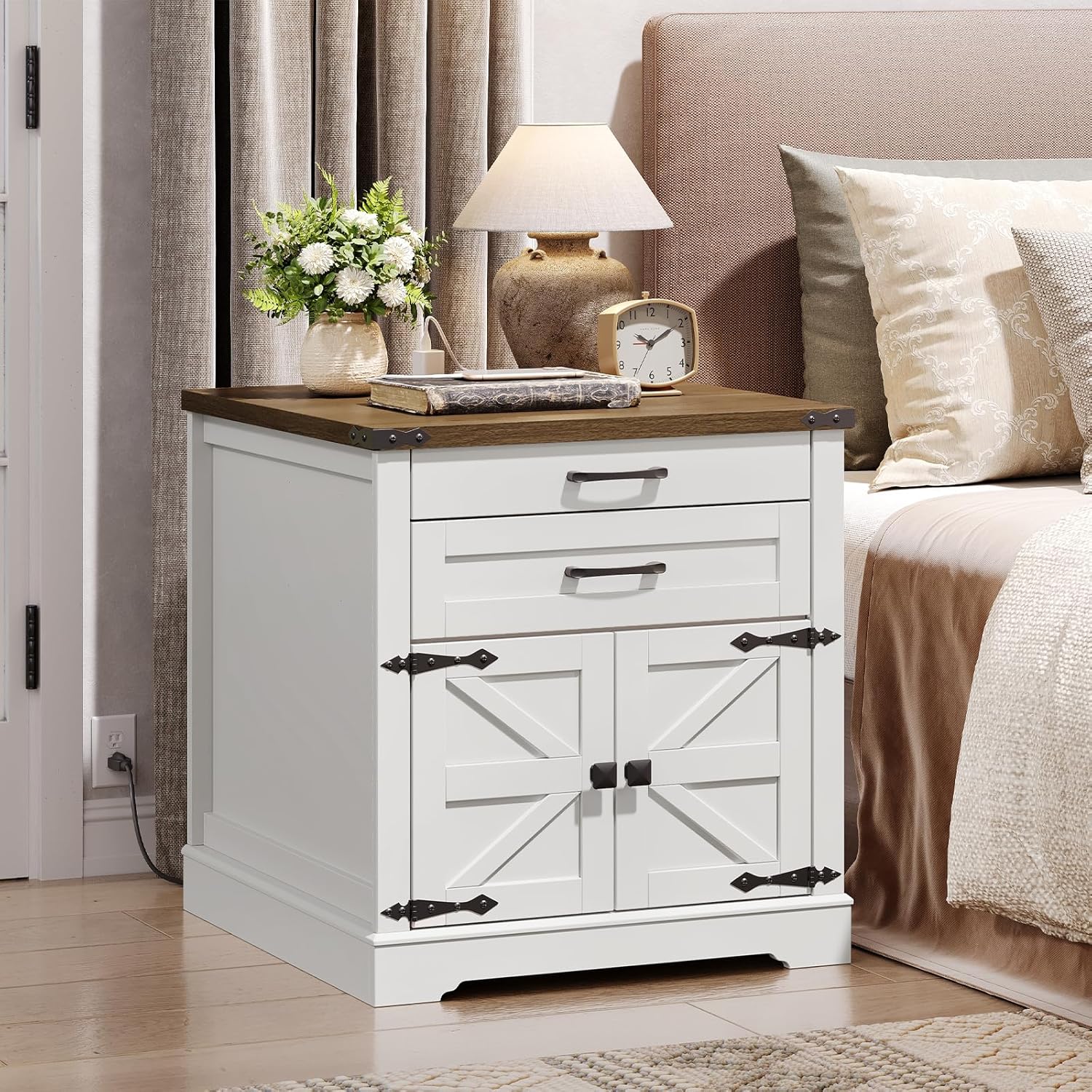 RALGEND Farmhouse End Table with Charging Station, 24'' Sofa Side Table with 2 Drawers and Barn Door, Large Rustic Wooden Square Nightstand for Bedroom, Living Room, White and Walnut