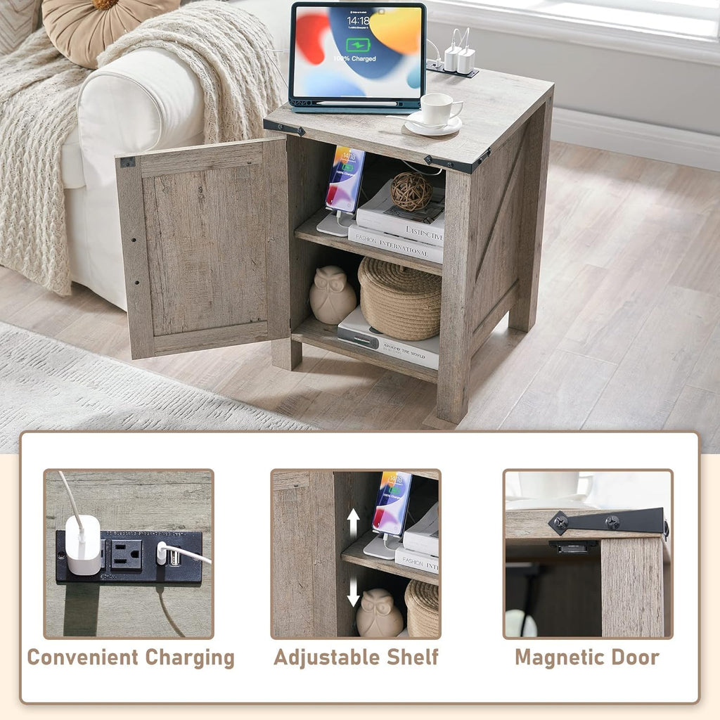 OKD Farmhouse Nightstand Set of 2 with Charging Station, 18 Inch Rustic End Table with Barn Door Cabinet, Adjustable Storage Shelf, Wood Sofa Side Table for Living Room, Bedroom, Light Rustic Oak