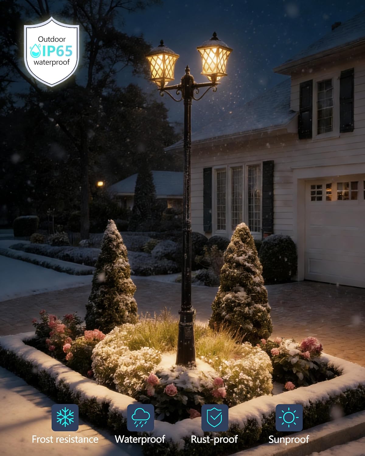 2-Head Outdoor Lamp Post Light with Outlet, 94″ Dusk to Dawn Street Light Pole Waterproof Aluminum Outdoor Post Lights, Black Exterior Lighting for Garden Yard Driveway (2 LED Bulbs Included)