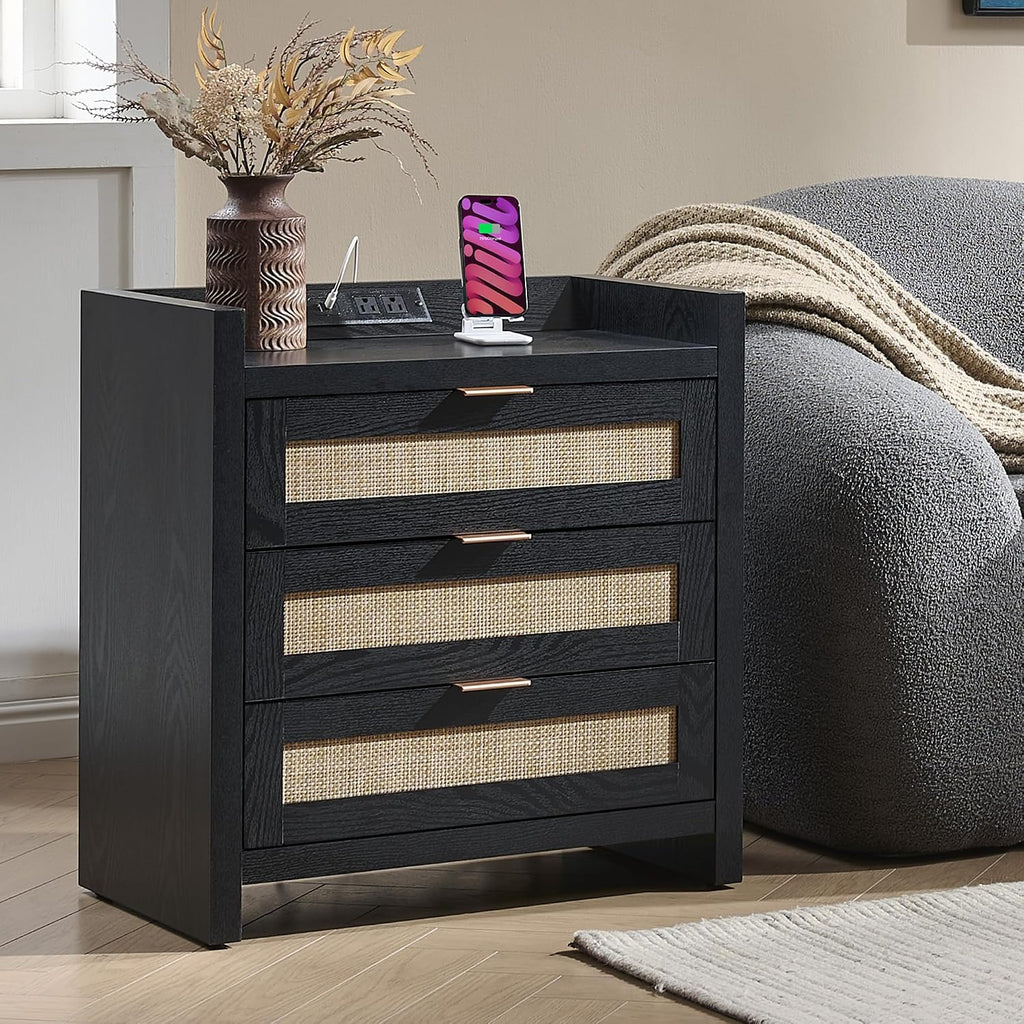 SICOTAS Rattan Nightstand Bedside Table - Larger Night Stand with Type-C Charging Station, 3 Drawers Storage - Boho Night Stands End Table for Bedroom - Black Oak