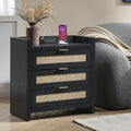 SICOTAS Rattan Nightstand Bedside Table - Larger Night Stand with Type-C Charging Station, 3 Drawers Storage - Boho Night Stands End Table for Bedroom - Black Oak