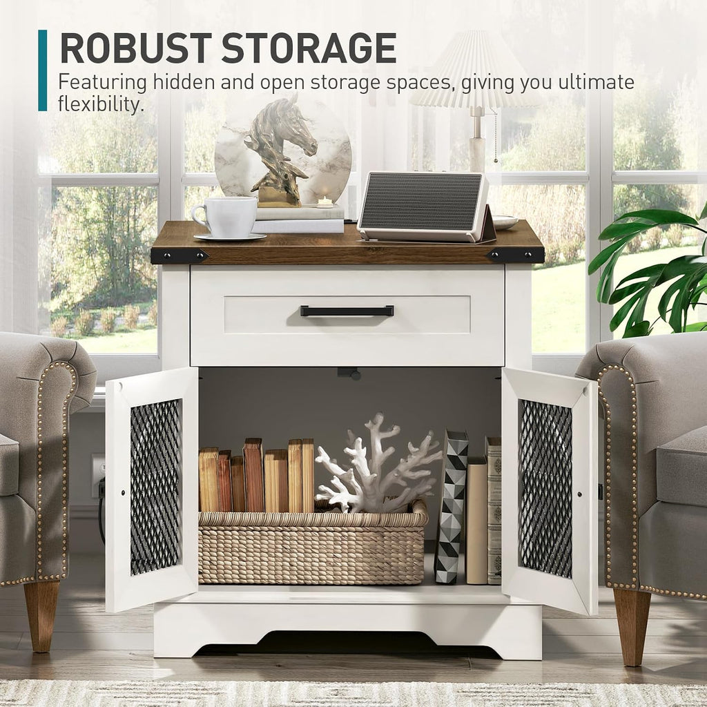 RALGEND White Farmhouse End Table Set of 2, 24' Large Sofa Side Table with Drawer, Large End Table for Living Room, Wooden Nightstand with Charging Station, Square, White and Walnut
