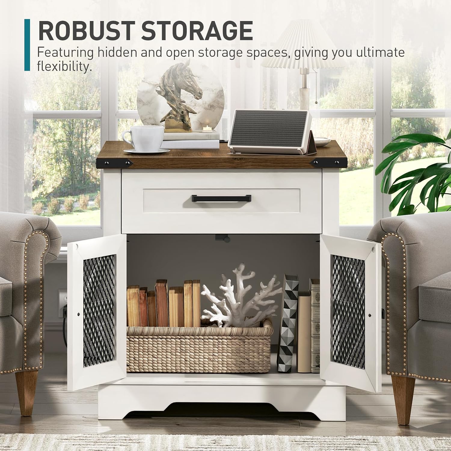 RALGEND White Farmhouse End Table Set of 2, 24' Large Sofa Side Table with Drawer, Large End Table for Living Room, Wooden Nightstand with Charging Station, Square, White and Walnut