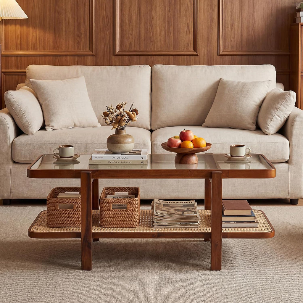 GOFLAME Rattan Coffee Table, 47.5' Solid Wood Center Table with Tempered Glass Top & Rattan Storage Shelf, Rectangular, Farmhouse, Boho, 2-Tier Mid Century Modern Tea Table for Living Room (Walnut)