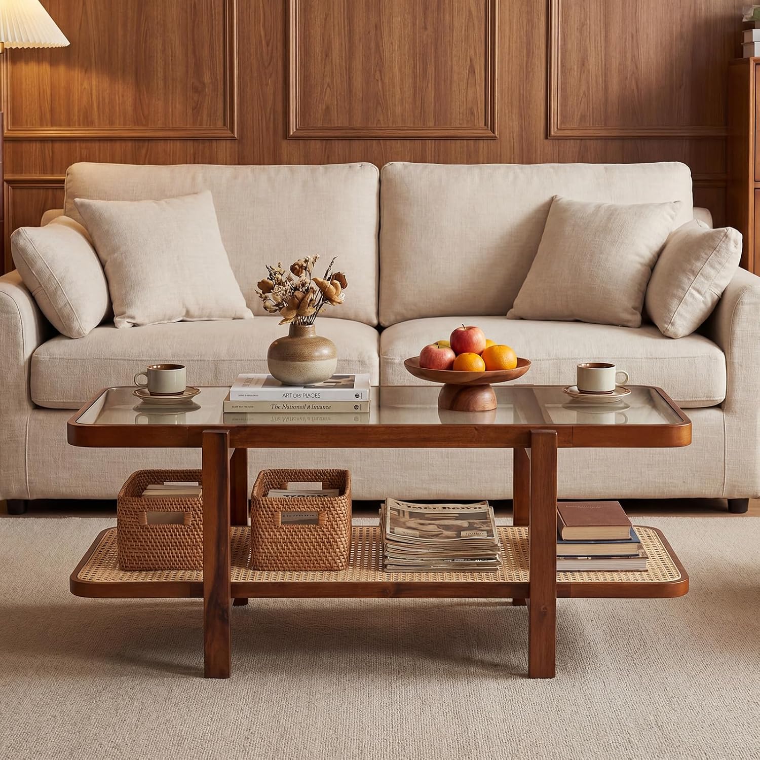 GOFLAME Rattan Coffee Table, 47.5' Solid Wood Center Table with Tempered Glass Top & Rattan Storage Shelf, Rectangular, Farmhouse, Boho, 2-Tier Mid Century Modern Tea Table for Living Room (Walnut)