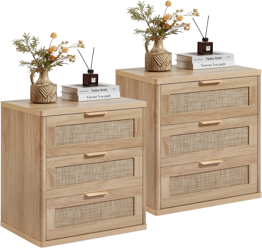 LEYAOYAO Rattan Night Stand Set of 2 with Drawers, 23' Large 3 Drawer Boho Nightstand, Natural Wood Bedside Table Storage Cabinet, Bed Side End Tables Dresser for Bedroom, Living Room, Hallway, Closet