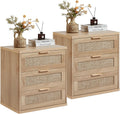 LEYAOYAO Rattan Night Stand with Drawers, 23' Large 3 Drawer Boho Nightstand, Natural Wood Bedside Table Storage Cabinet, Bed Side End Tables Dresser for Bedroom, Living Room, Hallway, Closet