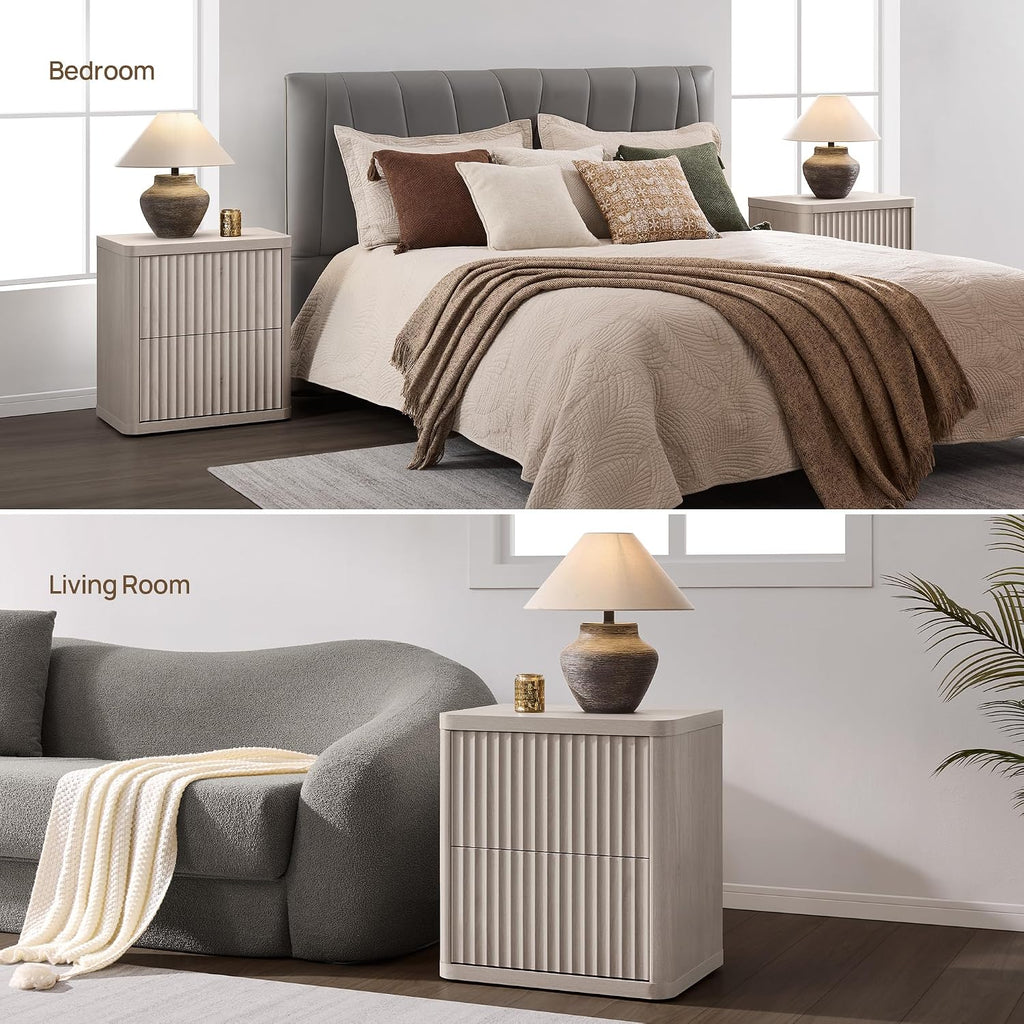 SICOTAS Night Stand Set of 2 Nightstands with 2 Drawers Storage Bedside Table Large Fluted Bed Side End Table Modern 24.4' Tall Wide Night Stands for Bedroom Living Room Sofa Couch Office, White Alder