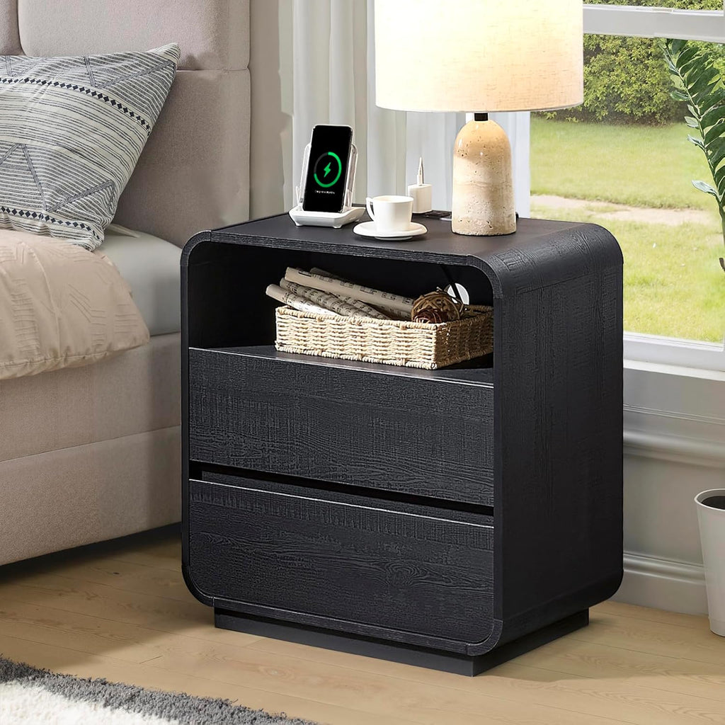 Standifurno Curved Black Nightstand with Charging Station, 25' Tall Wood Night Stand, Modern Bedside Table with 2 Storage Drawers, End Table for Bedroom, Dorm, Sofa, Office