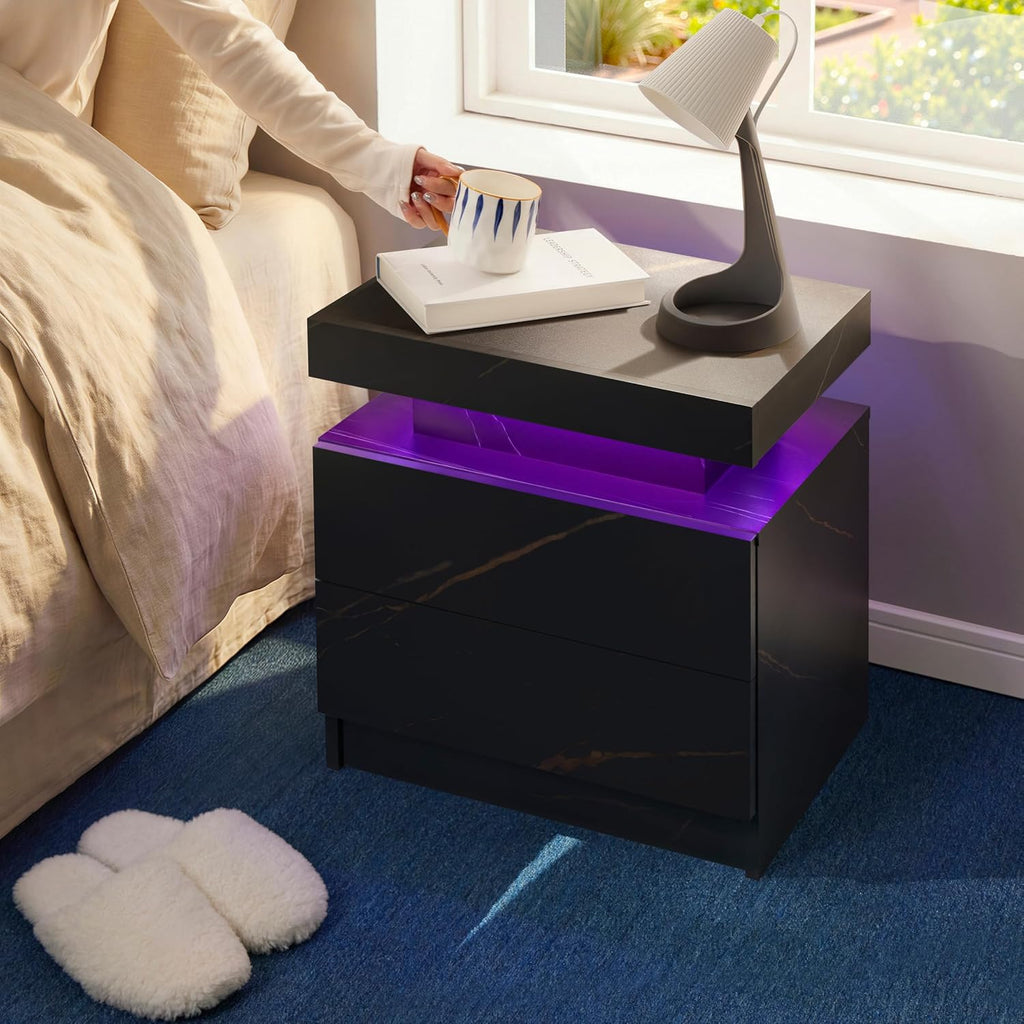 i-aplus LED Nightstand LED Bedside Table with 2 Drawers, Wooden Cabinet Unit with LED Lights for Bedroom, End Table Side Table for Bedroom Living Room…