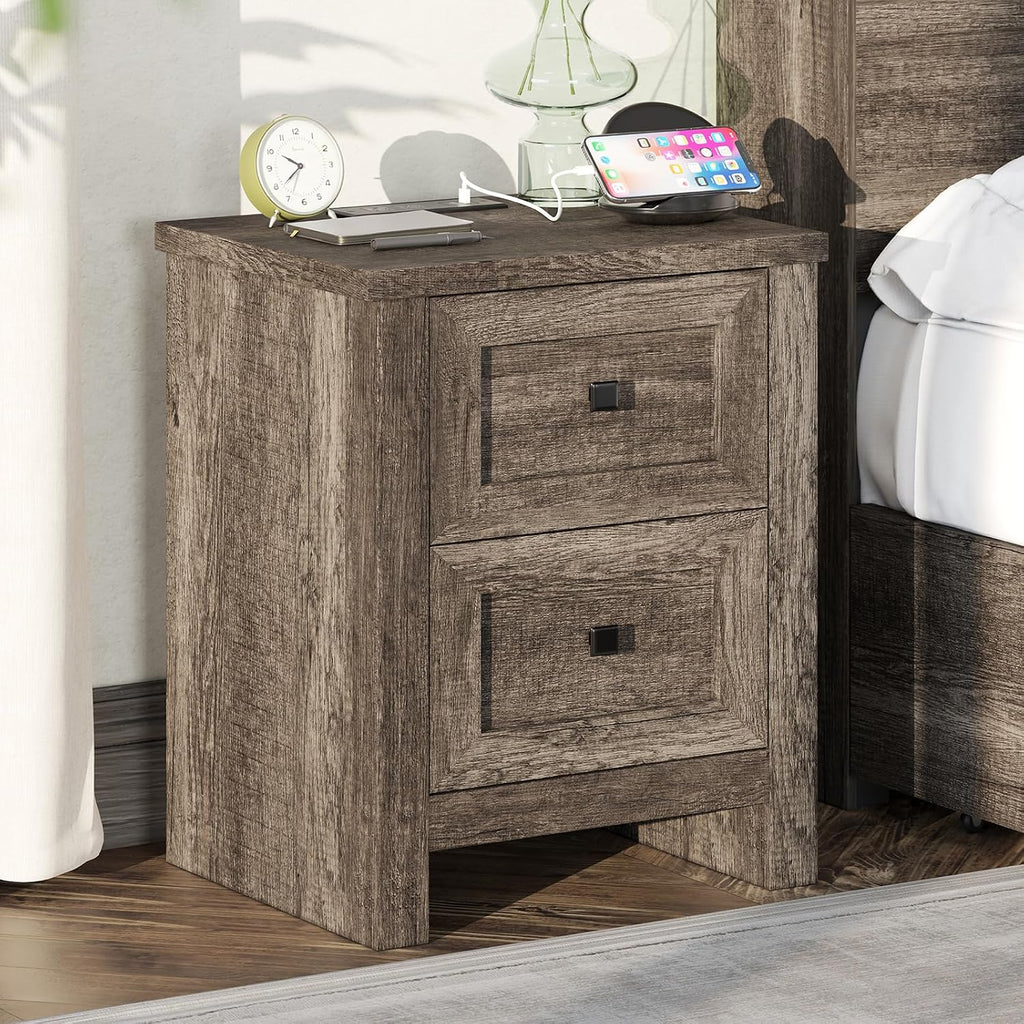 AMERLIFE Nightstand Set of 2 with Charging Station, Rustic Bedside Table with Drawers Storage, Farmhouse Wood Night Stand for Bedroom, Rustic Grey